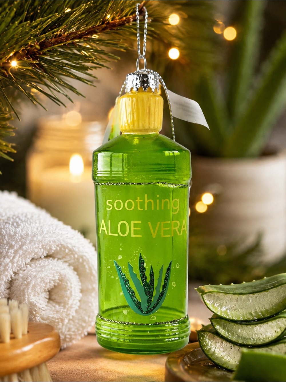 Bloomingdale’s Green Painted Glass Aloe Vera Bottle Christmas Ornament NWT